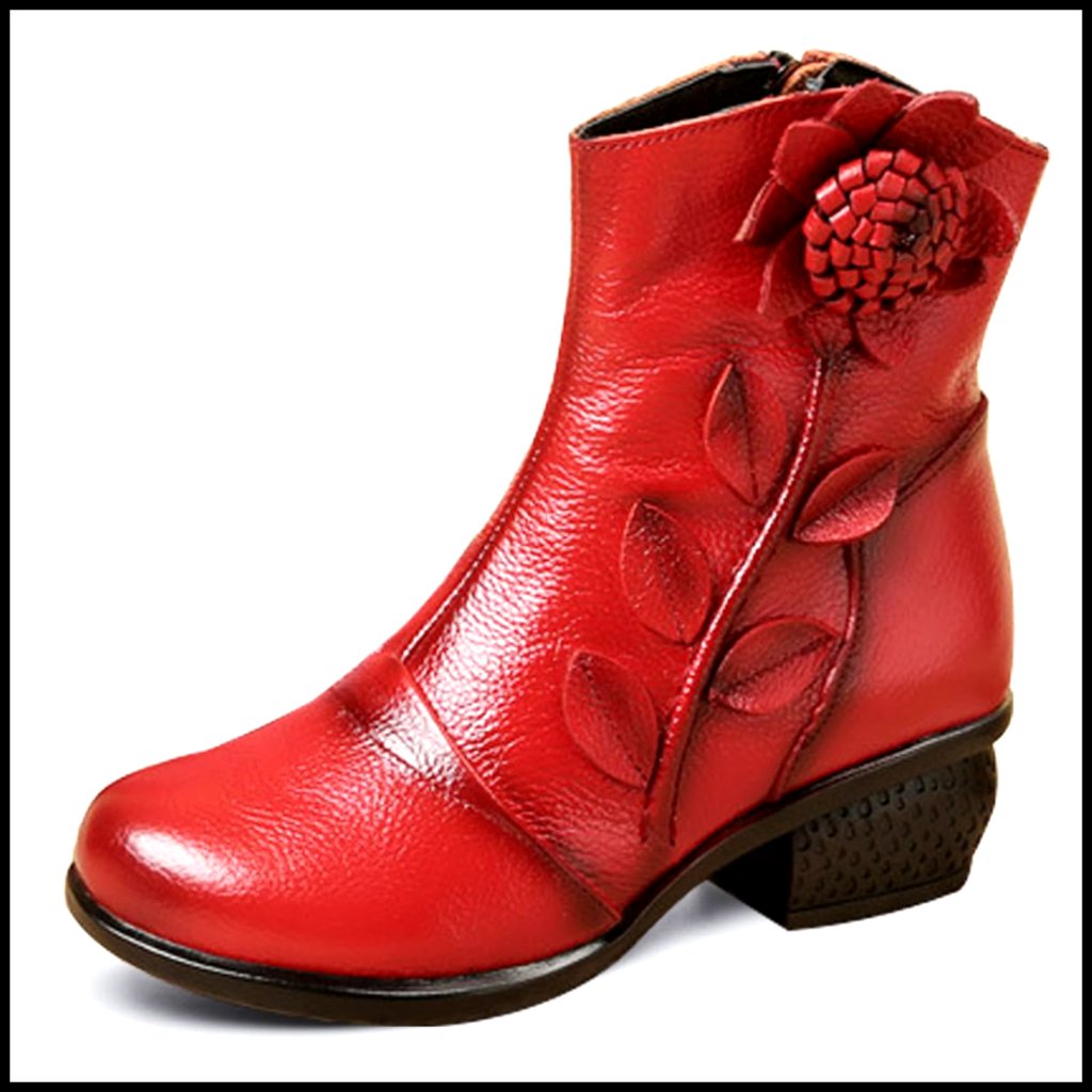 Leather Mid Calf Boots With Floral Design Side Zipper Low Heel